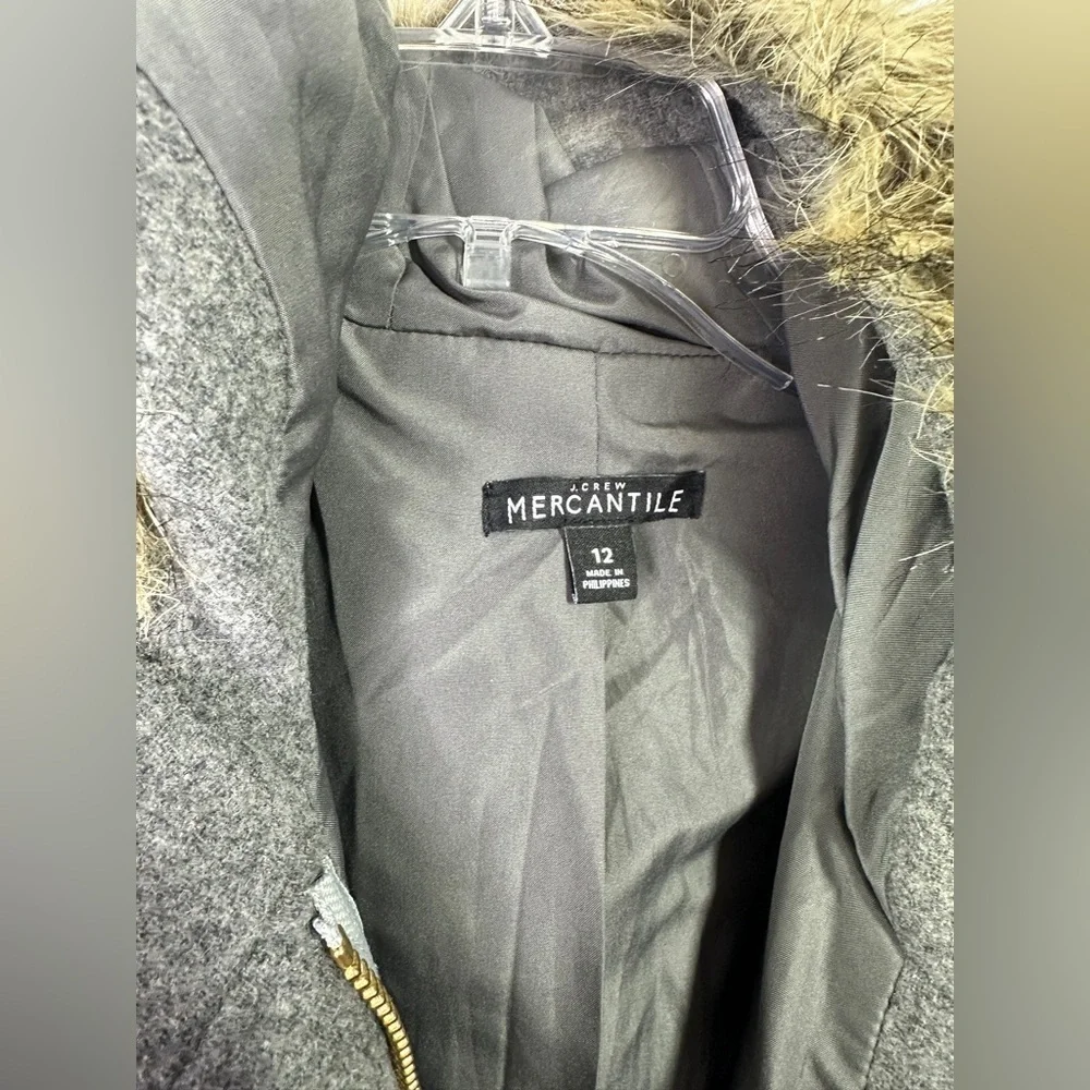 J.Crew Vail Parka Coat Wool Blend Faux Fur Hood Grey Winter Coat sz 12